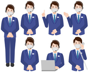 Fototapeta premium マスク着用 テレフォンアポインター男性 シンプルイラスト 線なし セット