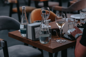 Glasses of white and pink sparkling wine on the table at the restaurant. Special wine tasting.