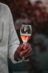 Glasses of white and pink sparkling wine on the table at the restaurant. Special wine tasting.