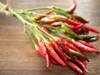 収穫した赤トウガラシの束