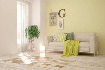 Green stylish minimalist room with sofa. Scandinavian interior design. 3D illustration