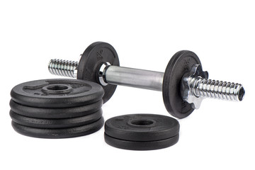 Obraz na płótnie Canvas Dumbbell discs and dumbbell isolated on white background.