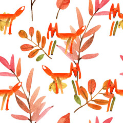 Seamless pattern illustration with fox and brunch isolated on white background