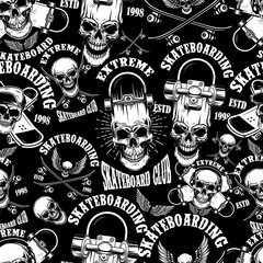 Seamless pattern with skateboard emblems in monochrome style. Design element for poster, card, banner. Vector illustration