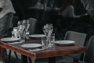 Glasses of white and pink sparkling wine on the table at the restaurant. Special wine tasting.