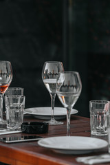 Glasses of white and pink sparkling wine on the table at the restaurant. Special wine tasting.