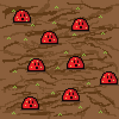 Pixel art soil and worm background. Vector picture.