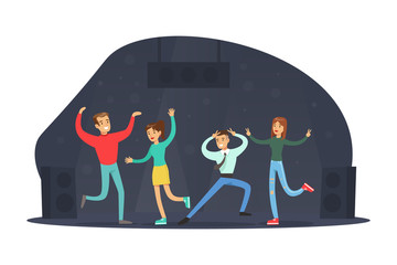 Happy Friends Dancing at Party. Young Men and Women Spending Time Together at Night Concept Cartoon Vector Illustration
