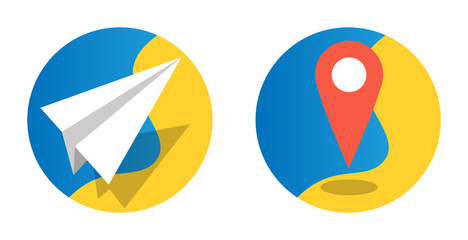 Flat style icons for travel. Paper airplane and point on the map. 