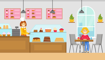 Cute Girl Eating Desserts at Table in Cafe, Cafeteria Interior, Confectionery Shop with Sweets Assortment Cartoon Vector Illustration