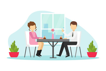 Couple on Romantic Date, Young Man and Woman Sitting at Table and Eating Desserts in Cafe Cartoon Vector Illustration
