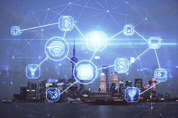 Multi exposure of social network theme drawing and cityscape background. Concept of people connecton.