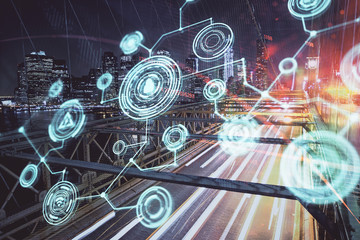 Multi exposure of social network theme drawing and cityscape background. Concept of people connecton.