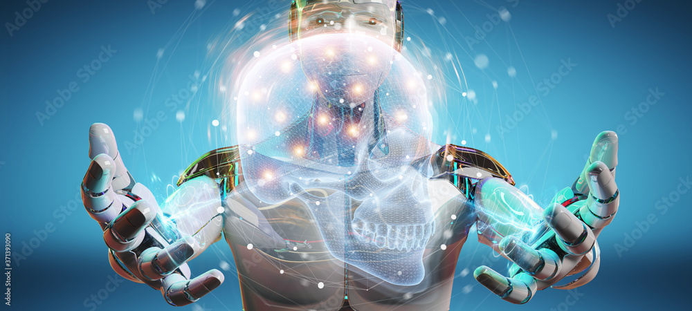 Poster Robot using digital x-ray skull holographic scan projection 3D rendering
