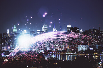 Multi exposure of social network theme drawing and cityscape background. Concept of people...