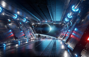 Blue and red futuristic spaceship interior with window view on planets 3d rendering © sdecoret