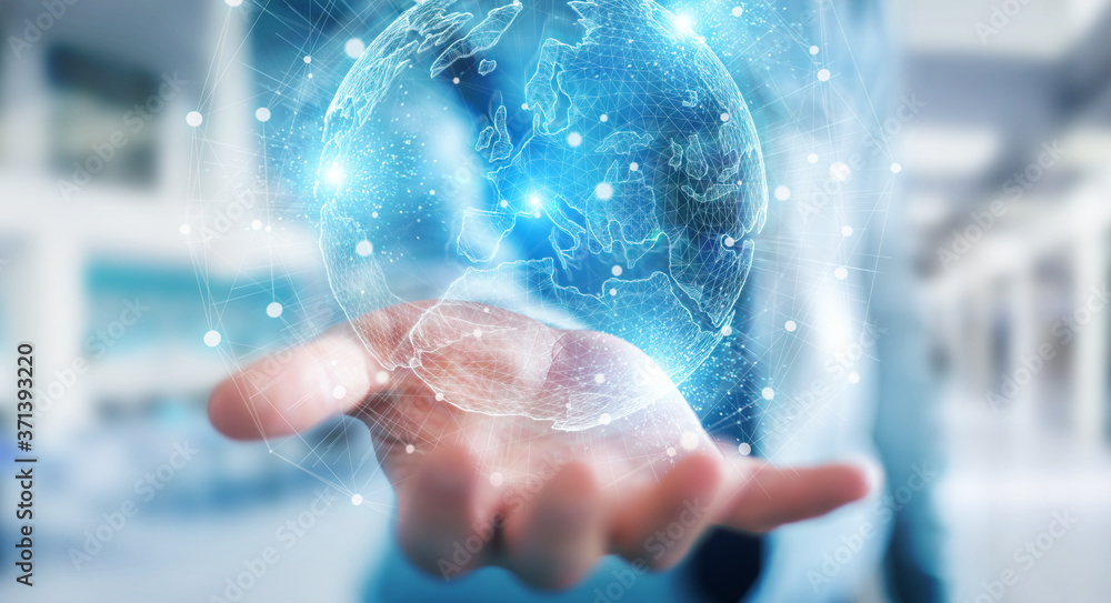 Poster businessman using europe map globe network hologram 3d rendering