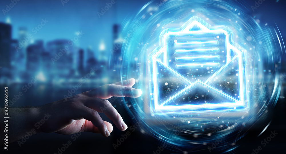 Aufkleber Man hand using digital email blue holographic interface 3D rendering