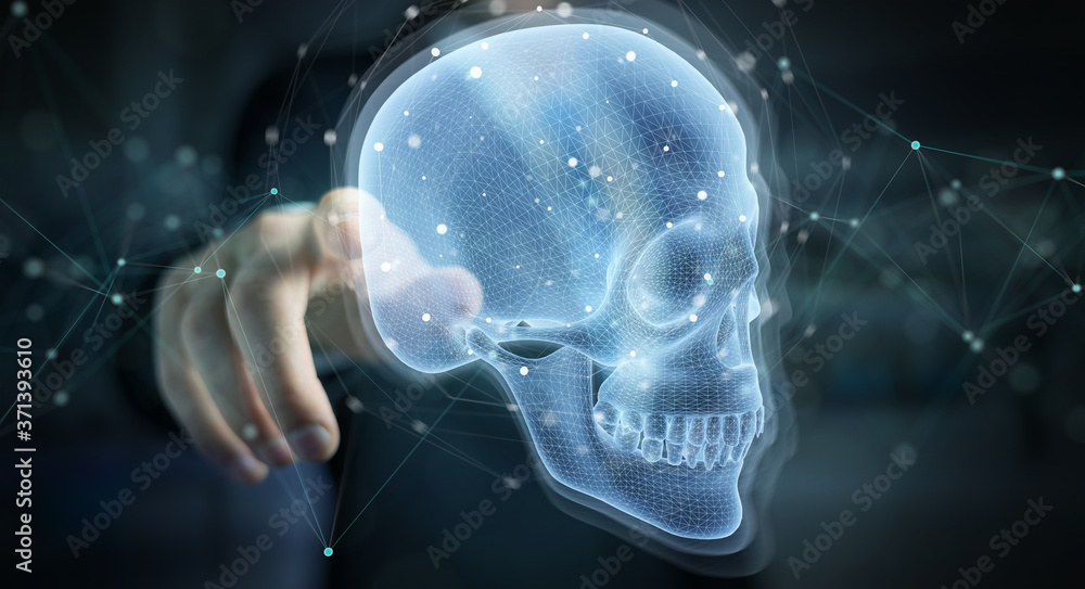 Poster Man using digital x-ray skull holographic scan projection 3D rendering