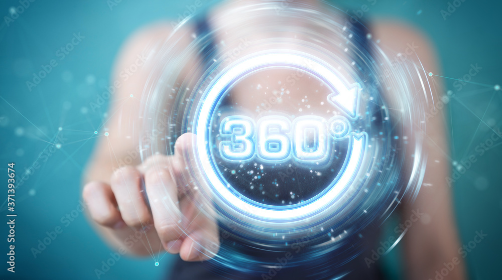 Poster woman using 360 degree virtual reality neon interface 3d rendering