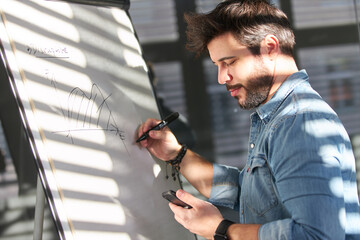 Graphic designer makes sketch on flipchart