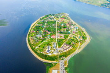 Beautiful panoramic view of the old Russian city Sviyazhsk from above The Assumption Cathedral and...