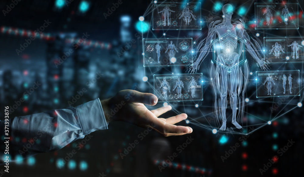 Leinwandbilder man hand using digital x-ray human body holographic scan projection 3d rendering