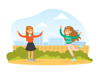 Obraz na płótnie Canvas Meet of Two Girls, Cute Teenage Friends Walking Outdoors Cartoon Vector Illustration