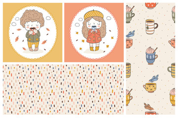 Cute girl and boy cartoon doodle characters. Kids cards and seamless background pattern. Autumn style.  Hand drawn surface design vector illustration.