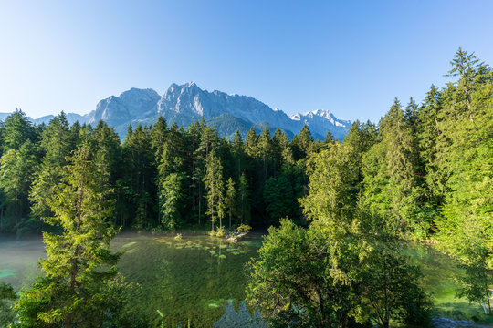 View at the Zugspitze from the Badersee