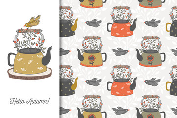 Hello Autumn card with teapot and bird. Cartoon Seamless background pattern. Hand drawn surface design vector illustration.