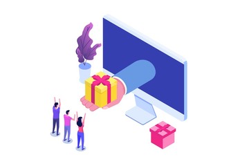 Gift order online, Online shopping,  E commerce concept. People buy gifts. Vector illustration