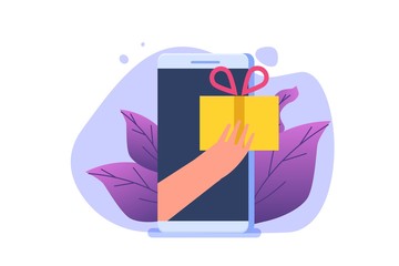 Gift order online, Online shopping,  E commerce concept. People buy gifts. Vector illustration