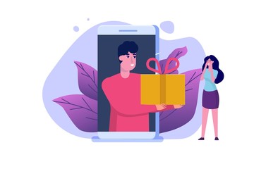 Gift order online, Online shopping,  E commerce concept. People buy gifts. Vector illustration