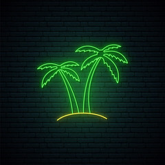 Neon palm sign. Glowing neon palm emblem on dark brick wall background. Bright light signboard with tropical palms. Vector illustration. © greens87