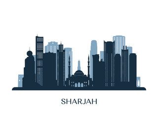 Sharjah skyline, monochrome silhouette. Vector illustration.