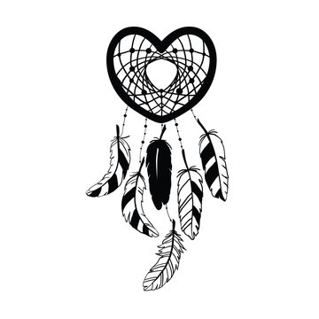 Dream catcher decorated with feathers and beads. Hand drawn vector illustration. Silhouette.