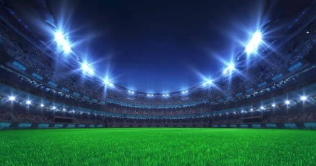 Sport stadium video background with green field, flashing lights and cheering crowd. Glowing stadium lights in 4k loop animation.