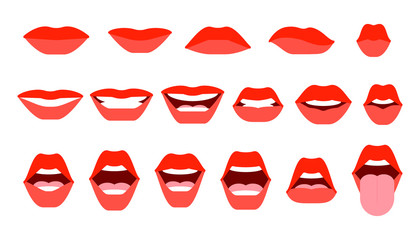 Set of mouth expressions on woman face. Closed and open mouth. Red lips, a smile, shiny teeth, protruding tongue. Communication, conversation concept. Vector illustration