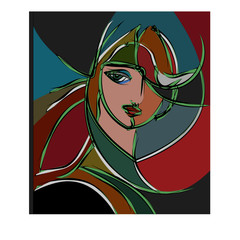 Colorful abstract background, cubism art style, woman look down