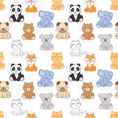 Seamless childish pattern with funny animals faces . Creative scandinavian kids texture for fabric, wrapping, textile, wallpaper, apparel. Vector illustration