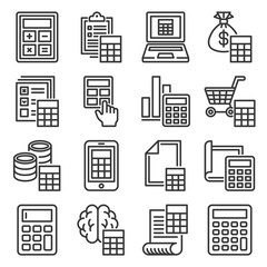 Calculator and Calculation Icons Set on White Background. Line Style Vector