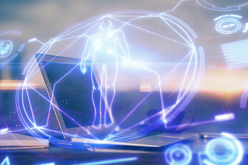 Desktop computer background and education theme drawing. Double exposure. Study concept.