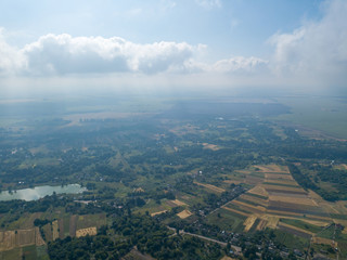 Ukrainian agricultural fields, aerial drone view.