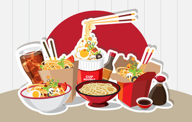 Chinese food, Japanese Ramen On A Bowl , Noodle Soup, take away box, Vector illustration.
