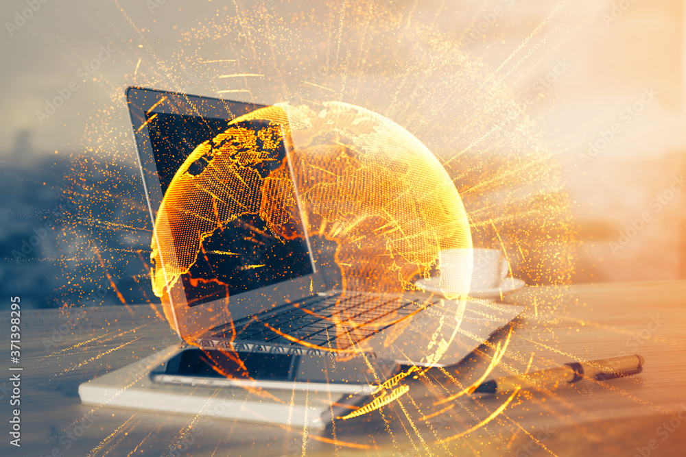 Poster computer on desktop with social network theme icon. multi exposure. concept of international connect