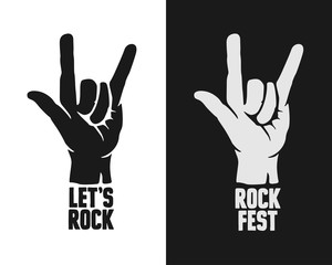 Let's rock typography. Rock on hand gesture. Vector vintage illustration. - obrazy, fototapety, plakaty