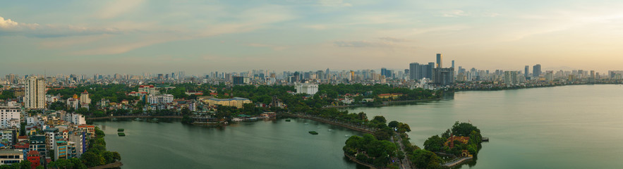 Hanoi cityscape with skyline view during sunset period at West Lake ( Ho Tay ) in 2020