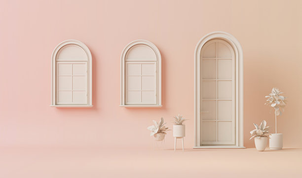 White door, window and plant concept in Peach fuzz is color trend year 2024. Light background with copy space. 3D rendering for web page, presentation or picture frame backgrounds, minimalist