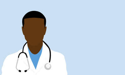 Vector illustration of a black male doctor with stethoscope around neck wearing a white coat and blue scrubs. Man is isolated against a light blue background with blank copy space for text or images.